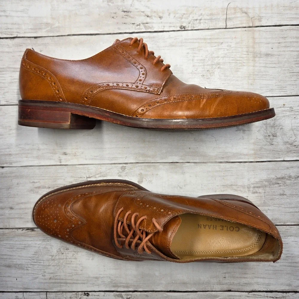 Cole Haan Grand.OS Wingtip Oxford Dress Shoe Men 9.5M British Tan Leather C12845